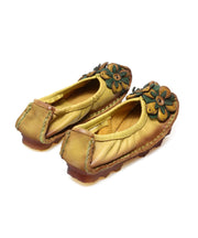 2025 Floral Splicing Flat Shoes Yellow Cowhide Leather