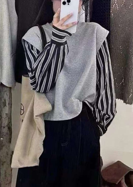 2024 New Grey Fake Two Piece Spliced Stripe Top Autumn