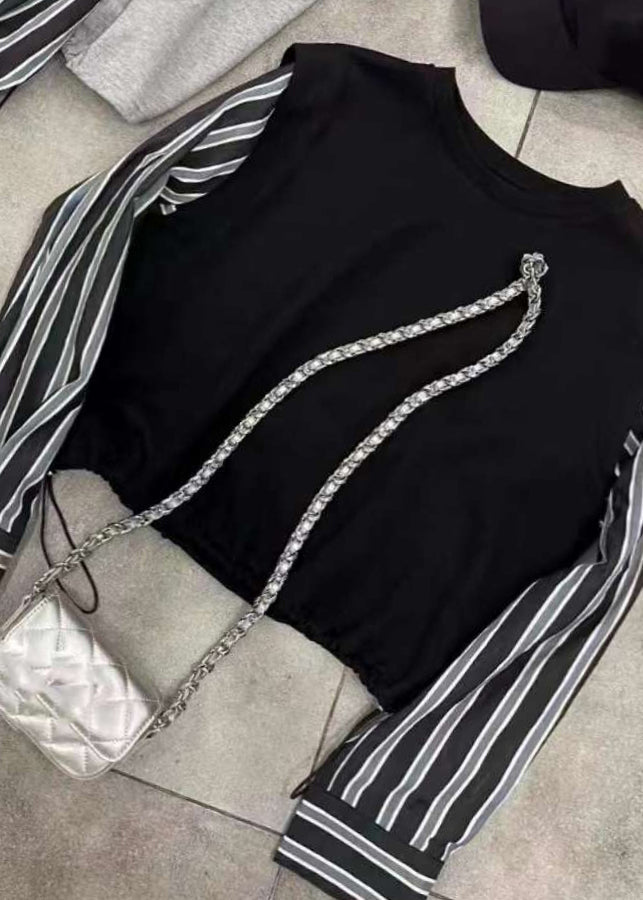 2024 New Grey Fake Two Piece Spliced Stripe Top Autumn