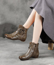 2025 Zippered Splicing Floral Wedge Boots Camel Cowhide Leather