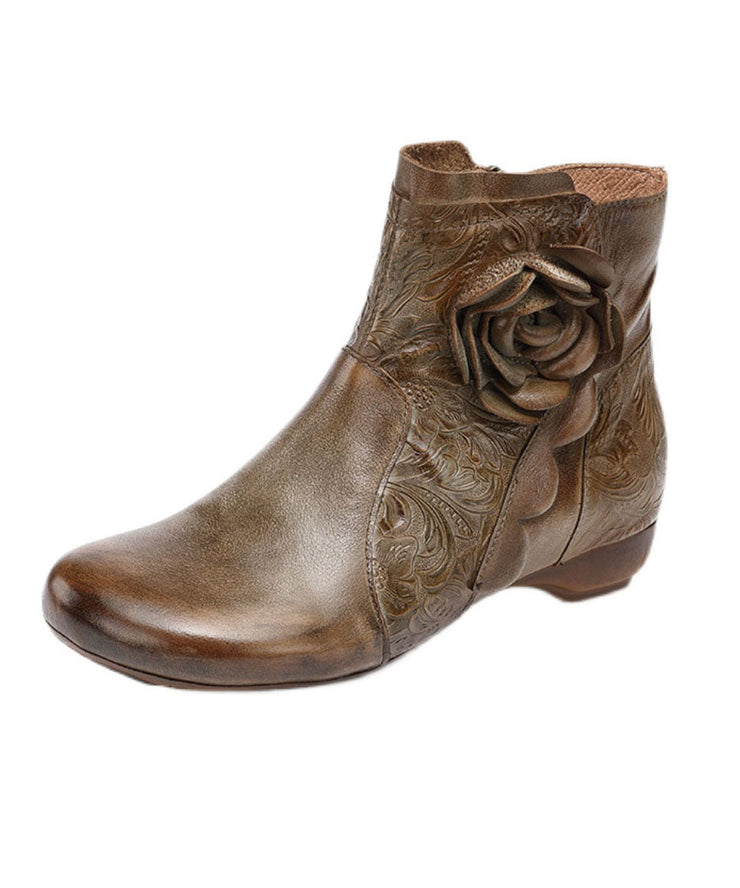 2025 Zippered Splicing Floral Wedge Boots Camel Cowhide Leather