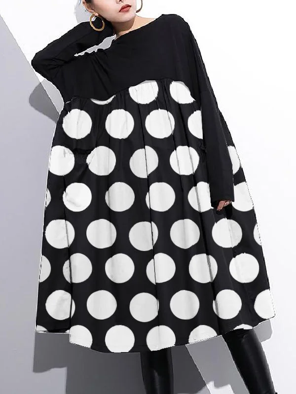 stylish Pink dot cotton shift dress plus size cotton clothing dress Elegant high waist patchwork cotton dress