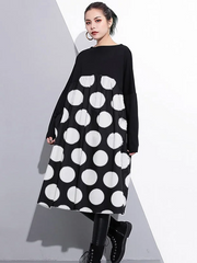 stylish White dot cotton shift dress plus size cotton clothing dress Elegant high waist patchwork cotton dress