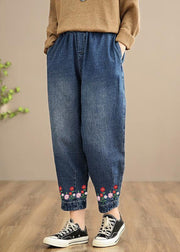 Handmade Spring Casual Pants Oversize Denim Blue-little flower Photography Elastic Waist Trousers