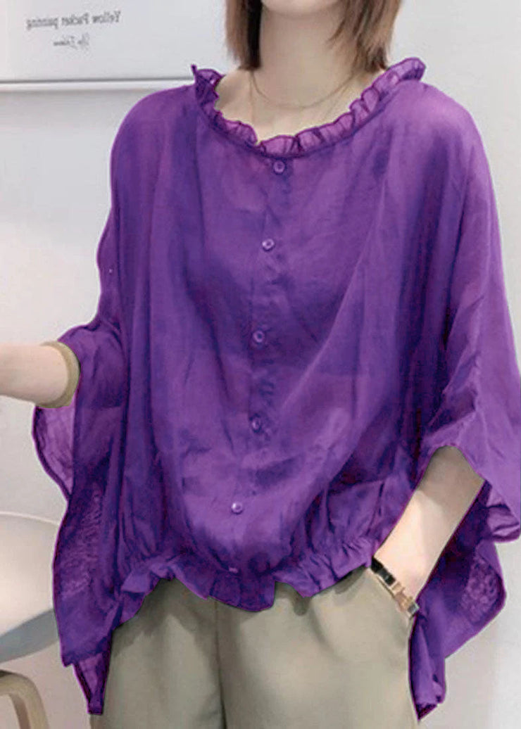 Art Purple-flowers and birds Tops Ruffles Trim Half Sleeve Shirts Blouse Plus Size