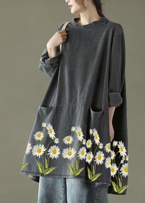 Boho Black Grey-white flowers O-Neck Pockets Denim Long Dresses Long Sleeve