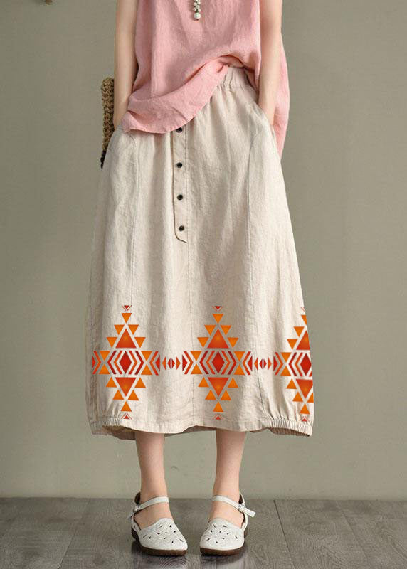 Women Beige-blue dot Linen Elastic Waist Button Skirt