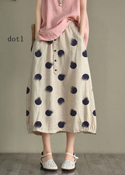 Women Beige-Diamond Linen Elastic Waist Button Skirt