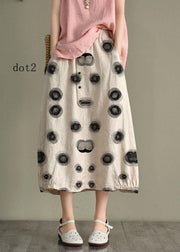 Women Beige-Diamond Linen Elastic Waist Button Skirt