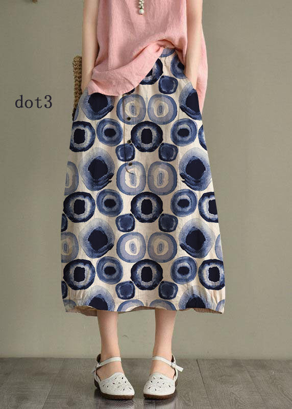 Women Beige-blue dot Linen Elastic Waist Button Skirt