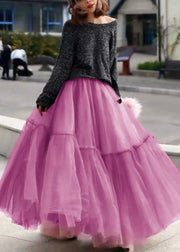 Women Purple Ruffled Tulle Cinched Circle Fall Skirt