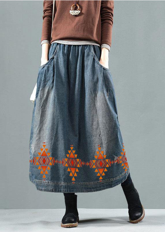 Blue-red flower Pockets Retro Patchwork Summer Skirts Denim