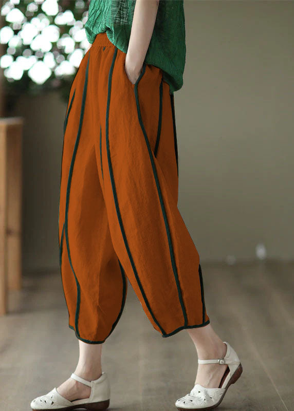 Orange Patchwork Linen Harem Pants Pockets Striped Summer