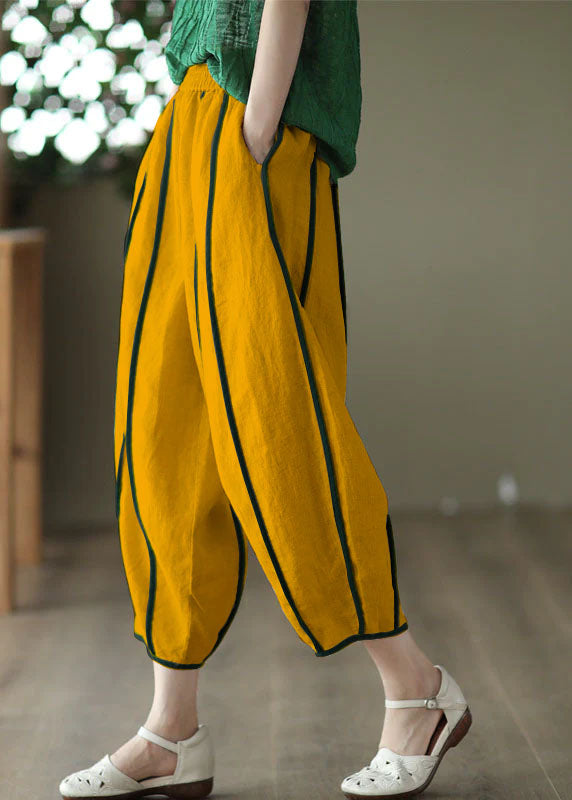 Yellow Patchwork Linen Harem Pants Pockets Striped Summer