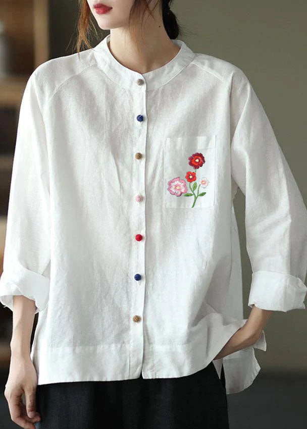 Modern White-cashew pattern Loose Patchwork Pockets Fall Long Sleeve Blouse Top