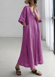 Plus Size Dark purple Peter Pan Collar Pockets Linen Long Dresses Short Sleeve