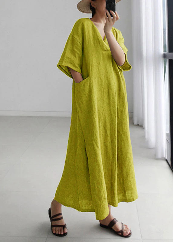 Plus Size Green Peter Pan Collar Pockets Linen Long Dresses Short Sleeve