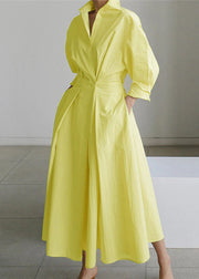 2025 Yellow Peter Pan Collar Pockets Cotton Dress Long Sleeve