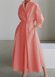 2024 Pink-flower Peter Pan Collar Pockets Cotton Dress Long Sleeve