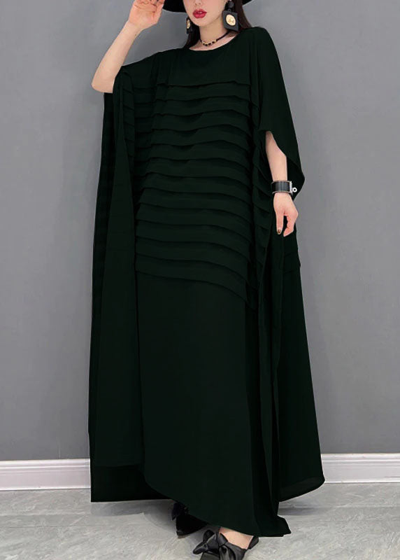 Bohemian Black O-Neck Striped Chiffon Ankle Dress Batwing Sleeve