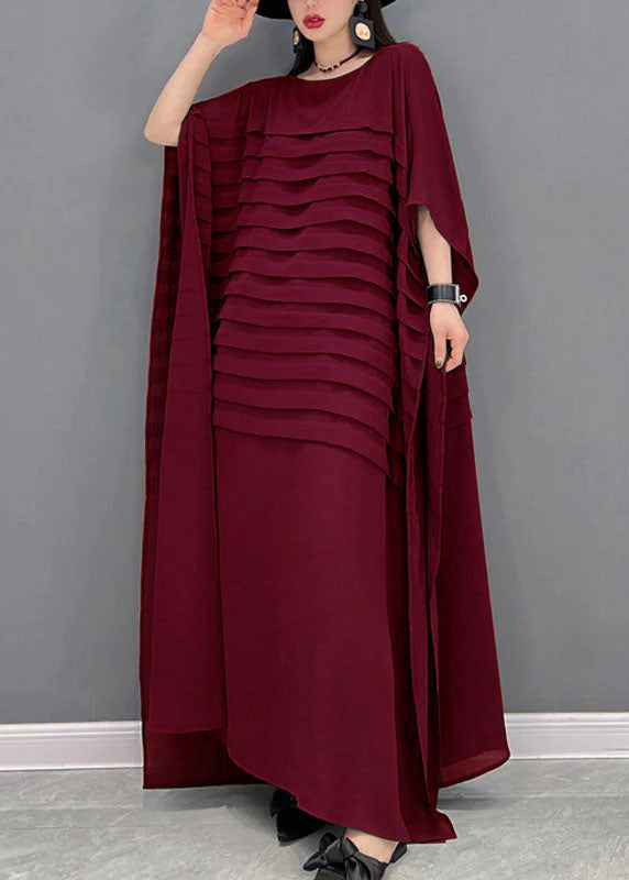 Bohemian Red O-Neck Striped Chiffon Ankle Dress Batwing Sleeve