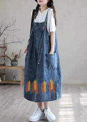 Plus Size Blue-lace drawstring pocket Spaghetti Strap Cotton denim Dress Spring