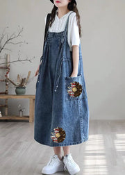 Plus Size Blue-Leaves drawstring pocket Spaghetti Strap Cotton denim Dress Spring