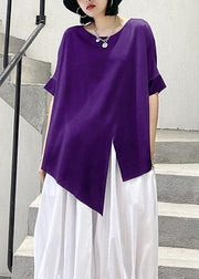 Unique Purple cotton clothes o neck asymmetric summer shirt