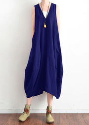 French Blue v neck linen clothes For Women stylish design sleevless loose summer Dress