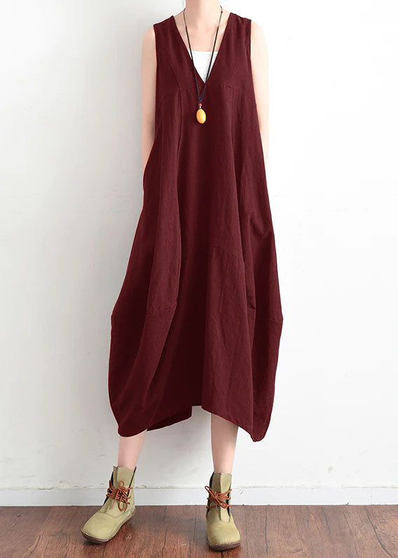 French Red v neck linen clothes For Women stylish design sleevless loose summer Dress