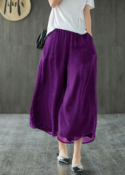 Handmade Purple Elastic Waist Retro Wide Leg Crop Pants
