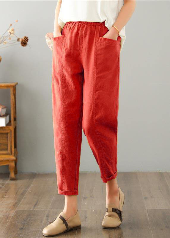 Natural Red Pockets Cotton Linen  Pants Summer