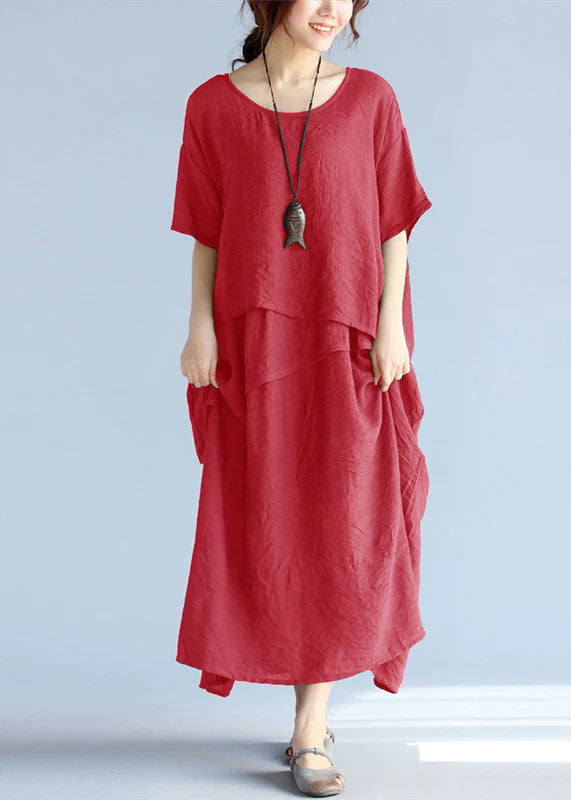 baggy Red long linen dresses oversized layered cotton maxi dress vintage short sleeve cotton clothing