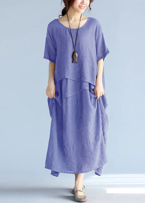 baggy Purple long linen dresses oversized layered cotton maxi dress vintage short sleeve cotton clothing