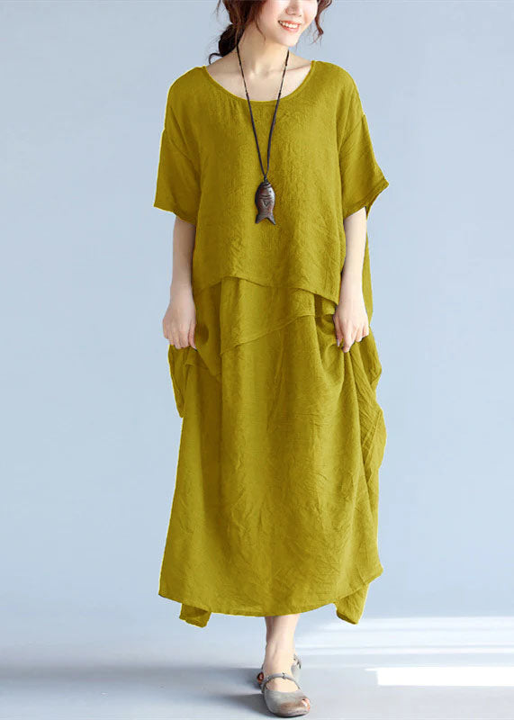 baggy yellow-polka dots long linen dresses oversized layered cotton maxi dress vintage short sleeve cotton clothing