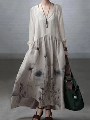 Ivory-purple flowerSimple and Loose V-neck Cotton and Linen Dress