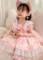 Unique Pink Ruffled Lace Cartoon Print Tulle Baby Girls Princess Dress Summer