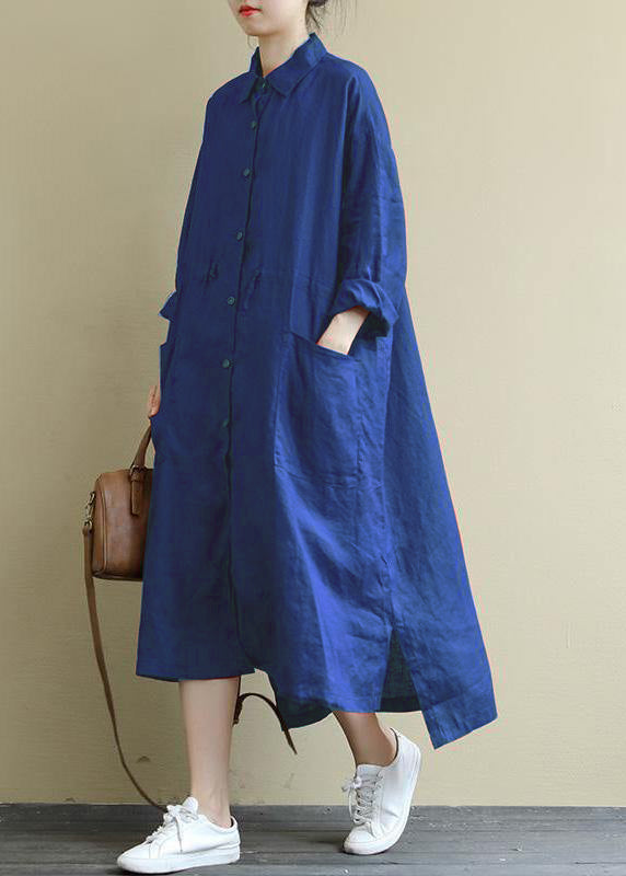 Blue  Linen Shirt Dress Casual Oversize Spring Maxi Dresses