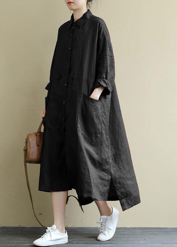 Black  Linen Shirt Dress Casual Oversize Spring Maxi Dresses