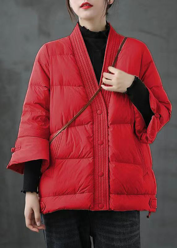 Red  V Neck Button Thick fashion Winter Duck Down Jackets