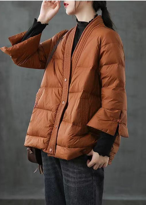 Beige  V Neck Button Thick fashion Winter Duck Down Jackets