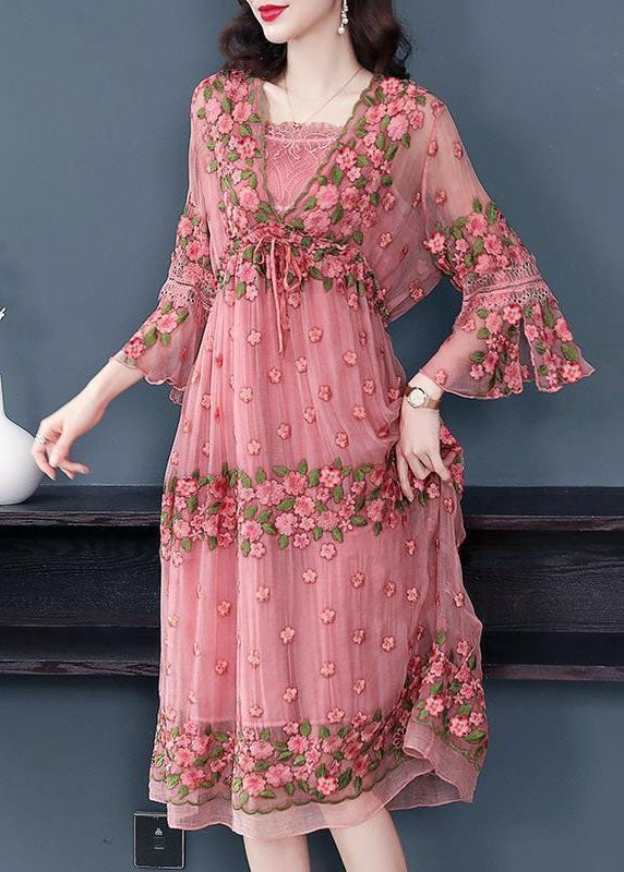 Beautiful Pink Embroidered Lace Up Silk Robe Dresses Flare Sleeve