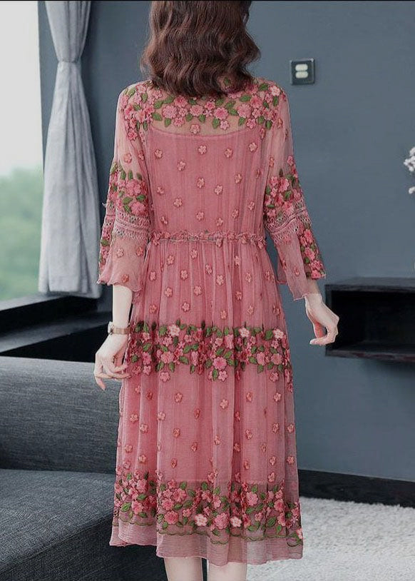 Beautiful Pink Embroideried Lace Up Silk Robe Dresses Flare Sleeve