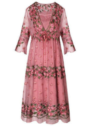 Beautiful Pink Embroidered Lace Up Silk Robe Dresses Flare Sleeve