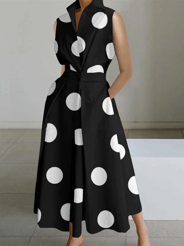 2022 Black-small dots Peter Pan Collar Pockets Cotton Dress Long Sleeve