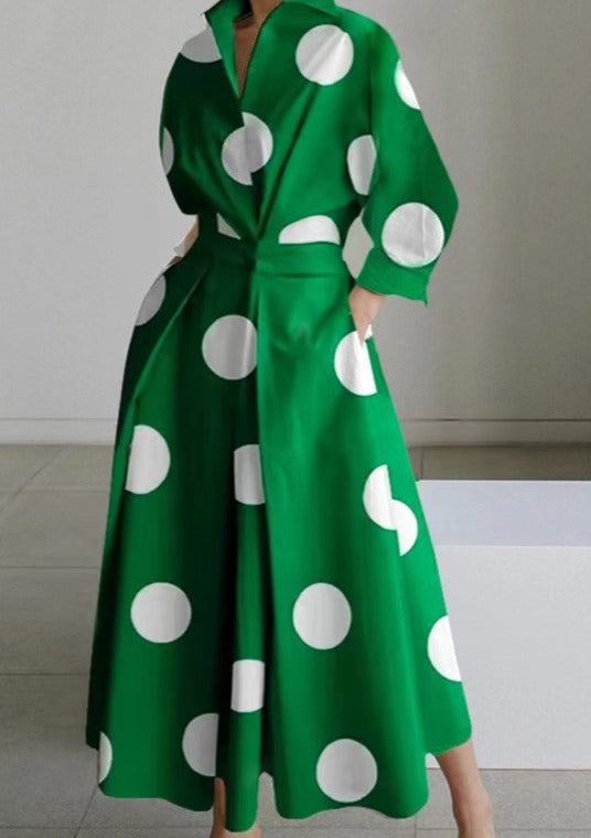 2024 Green dot Peter Pan Collar Pockets Cotton Dress Long Sleeve