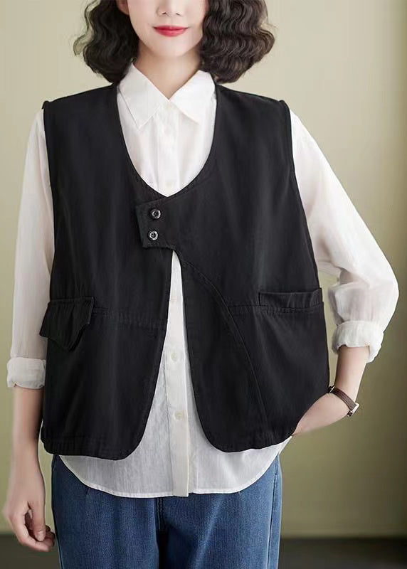 French Coffee Pockets Patchwork Cotton Vest Sleeveless