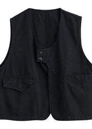 French Black Pockets Patchwork Cotton Vest Sleeveless