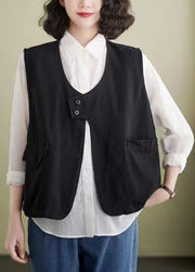 French Coffee Pockets Patchwork Cotton Vest Sleeveless