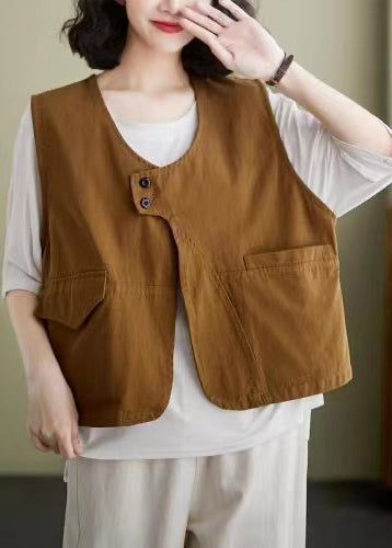 French brown Pockets Patchwork Cotton Vest Sleeveless